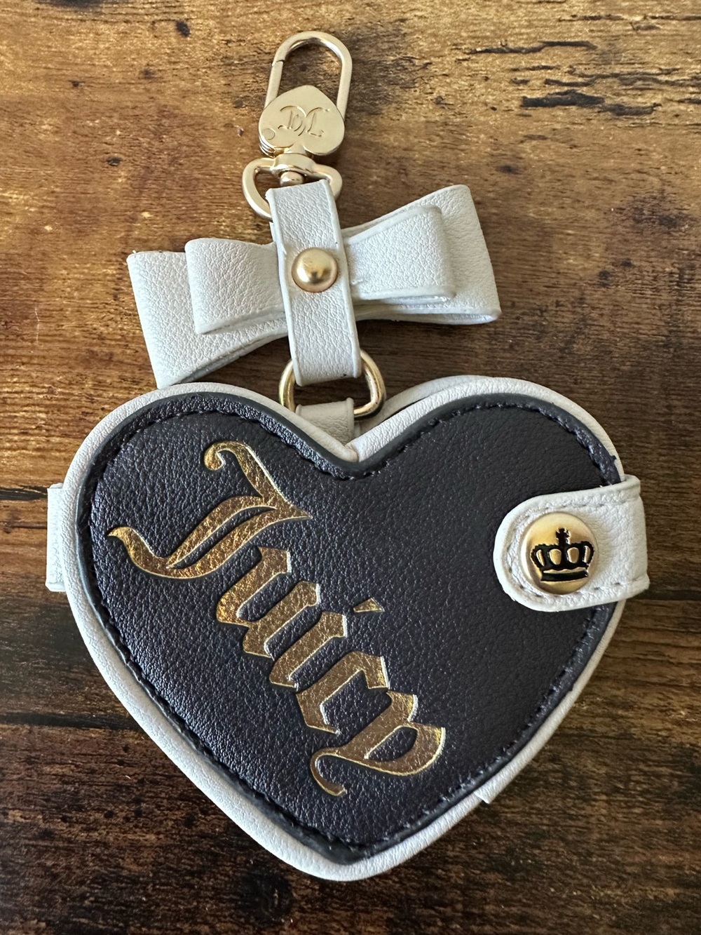 Juicy Couture Dark Brown & Cream Heart Bag Charm Keychain with Mirror & Bow NWOT